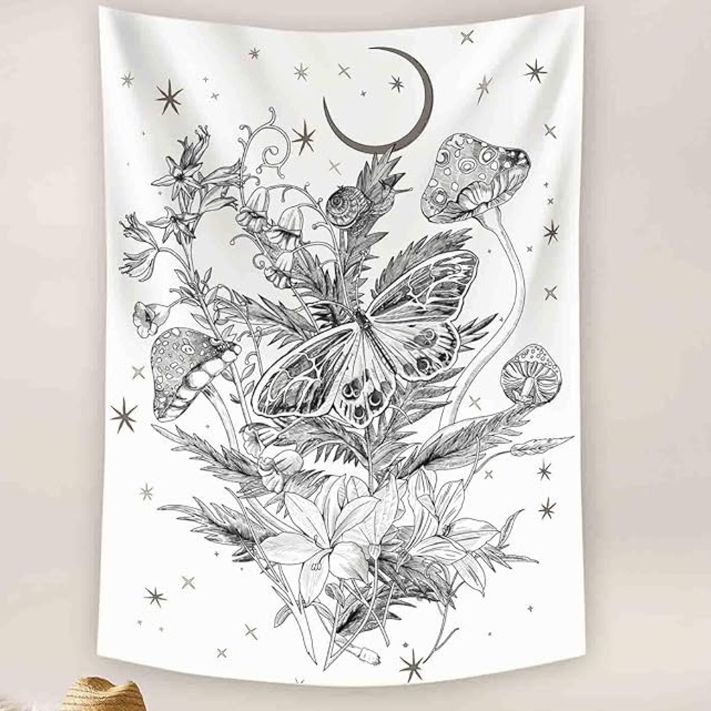 Fowocu Butterfly and Flower Vertical Tapestry Wall Black White Large